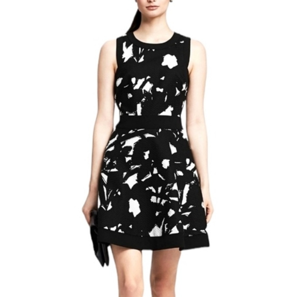 Banana Republic Black And White Abstract Floral Fit & Flare Dress